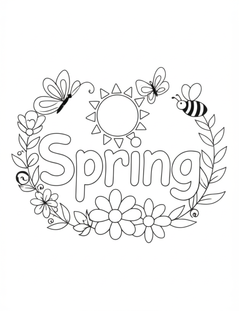 Black-and-white spring coloring page featuring flowers, bees, butterflies, and a sun with decorative 'Spring' text