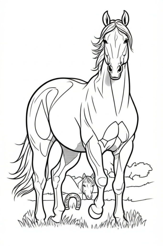 Black and white line art of a standing horse in a meadow with a barn, ideal for coloring