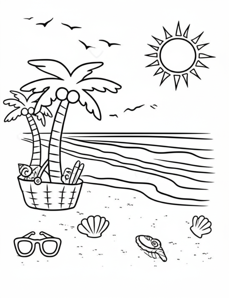 Black-and-white summer beach coloring page featuring sun, palm trees, seashells, and picnic basket