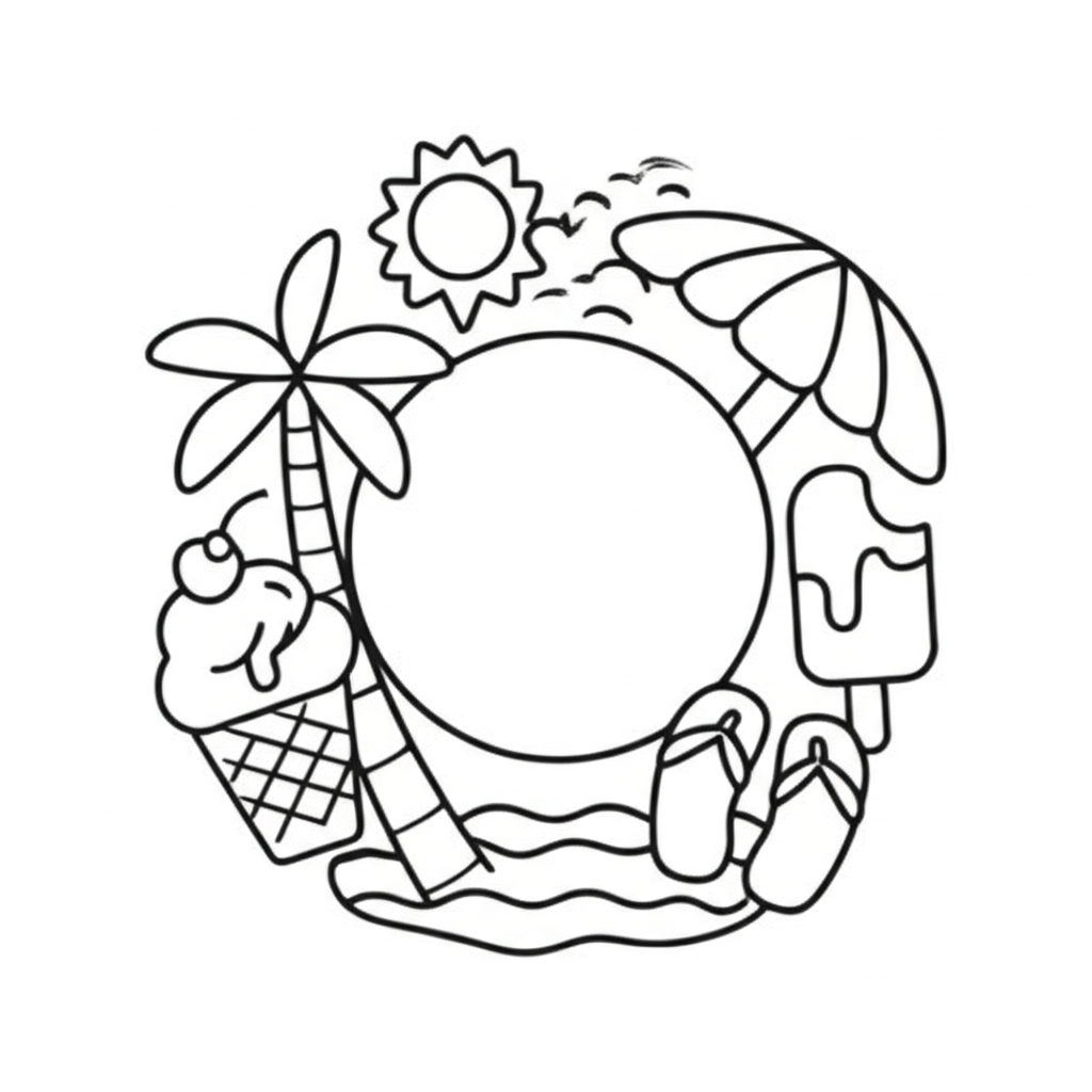 Black-and-white summer beach coloring page featuring sun, palm trees, umbrella, ice cream, flip-flops, and waves