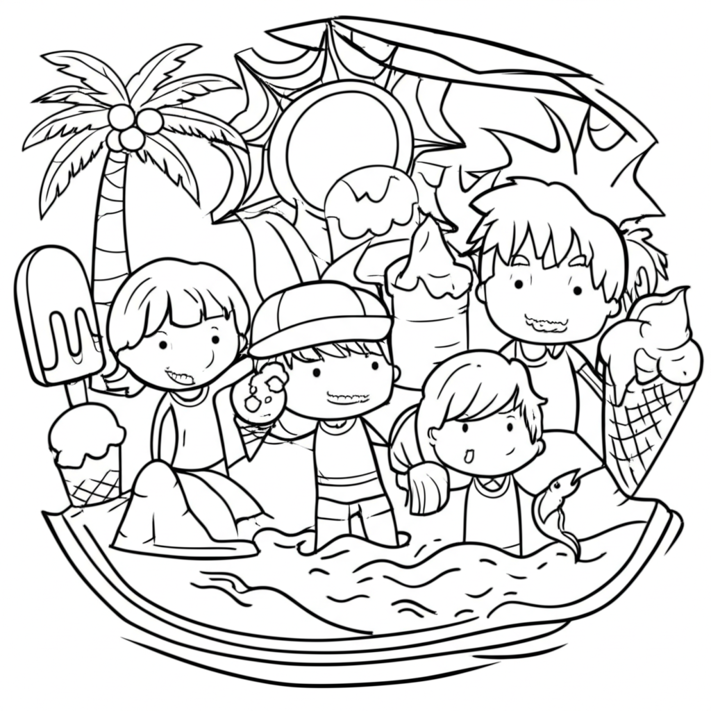Black-and-white summer beach coloring page featuring sun, palm trees, ice cream, a sandcastle, and children playing