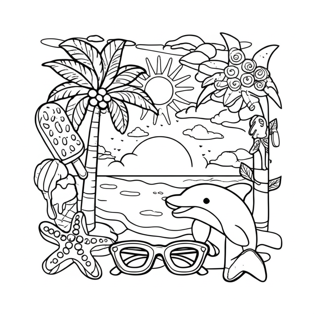 Black-and-white line art of a summer beach scene featuring a sun, palm trees, ice cream, sunglasses, and a playful dolphin