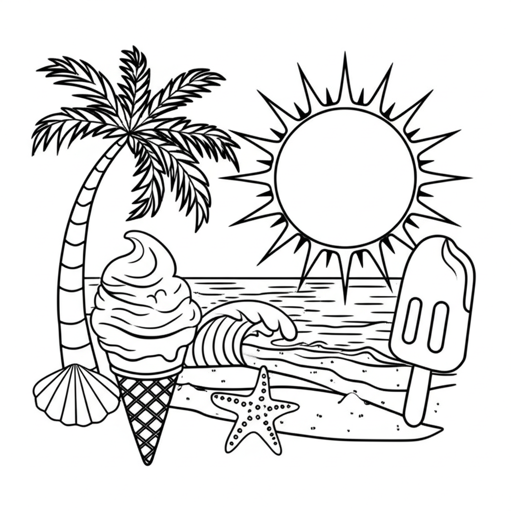 Black-and-white summer-themed coloring page featuring sun, palm trees, beach, seashells, ice cream, and waves