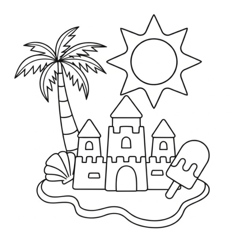 Black and white summer-themed coloring page featuring sun, palm trees, beach waves, seashells, ice cream, and sandcastle