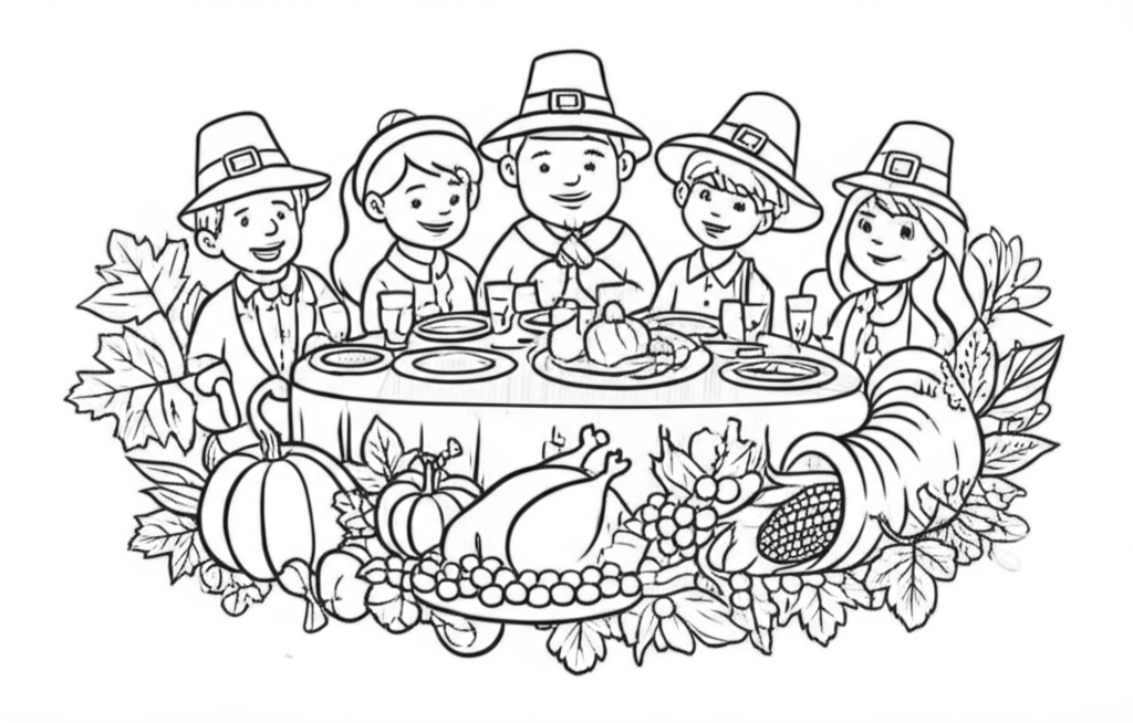Black-and-white Thanksgiving coloring page featuring a roasted turkey, pumpkins, autumn leaves, cornucopia, and a family around a dining table