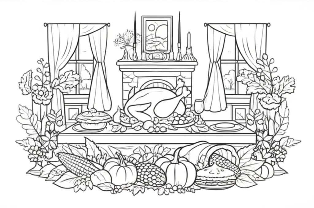 Detailed Thanksgiving dinner table with turkey, pumpkins, and autumn leaves for coloring