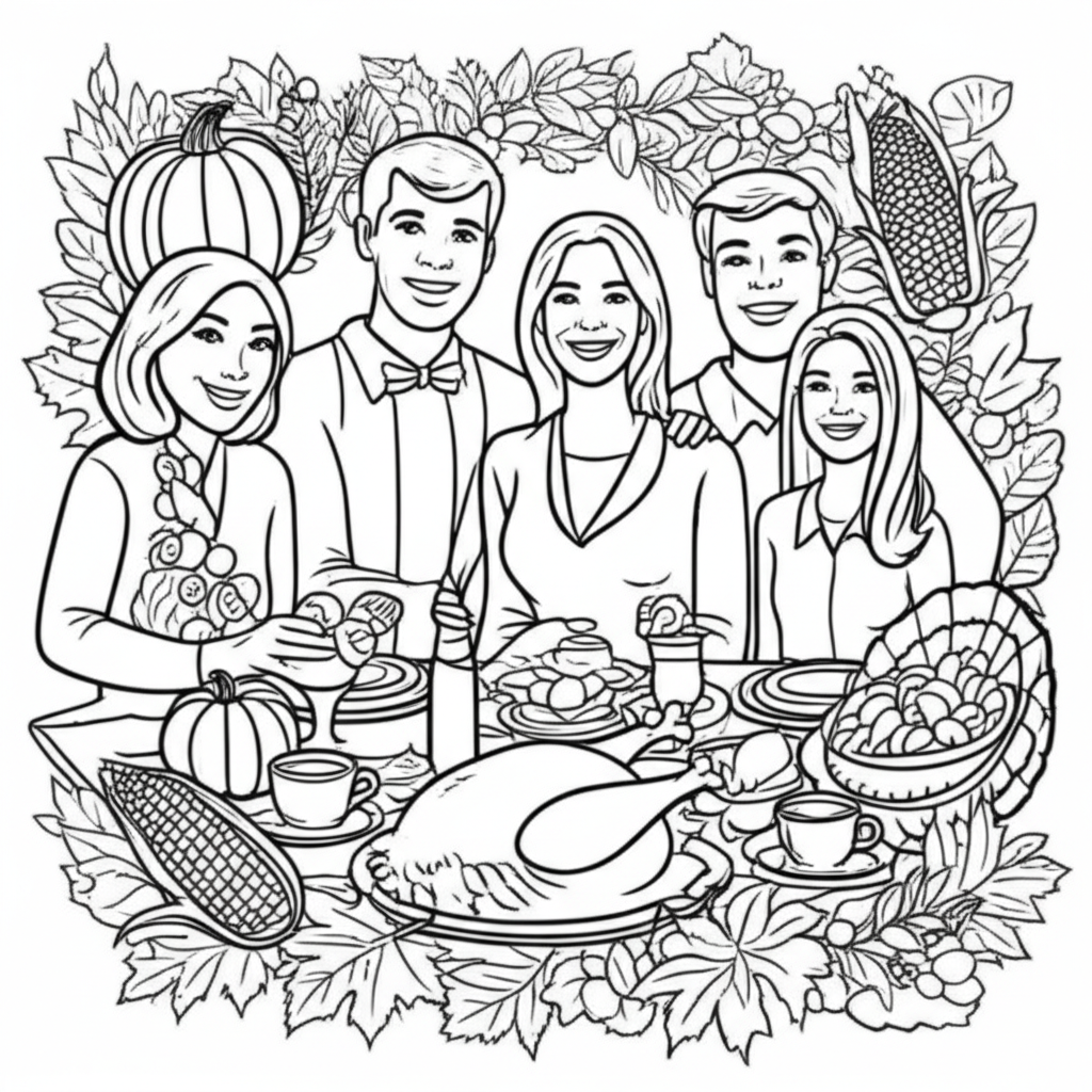 Black-and-white line art coloring page of a Thanksgiving family feast with turkey, pumpkins, cornucopia, and autumn leaves