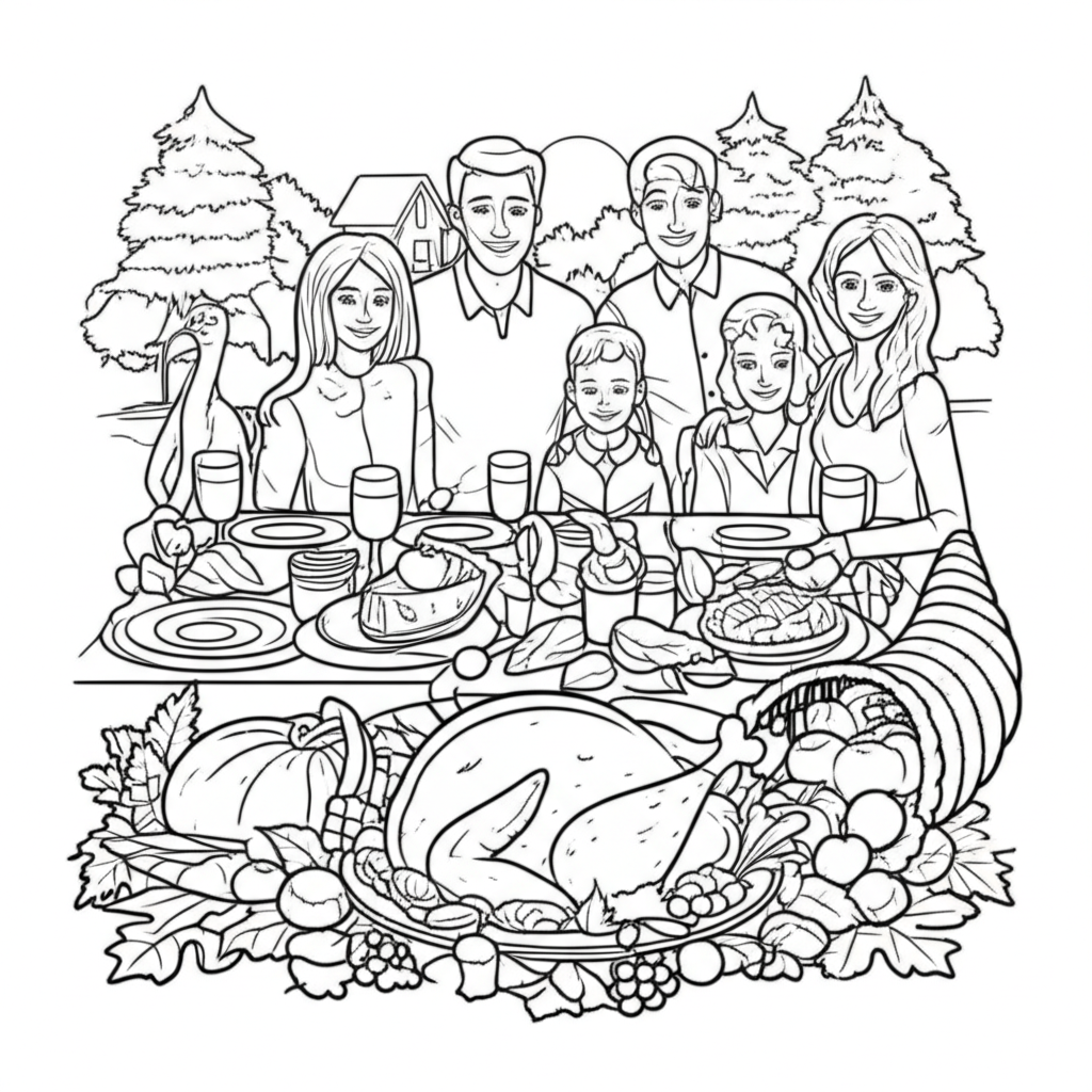 Black-and-white line art of a Thanksgiving table with turkey, pie, cornucopia, and a cozy cabin setting