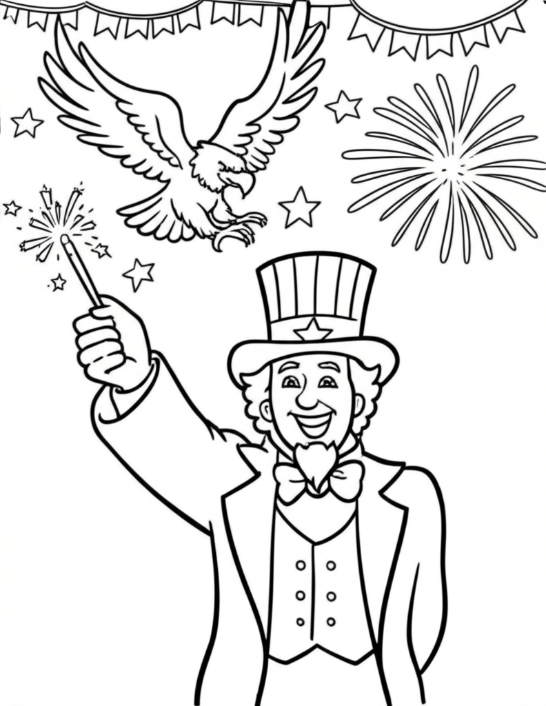 Black and white coloring page of Uncle Sam holding a sparkler with a patriotic eagle and fireworks for the 4th of July