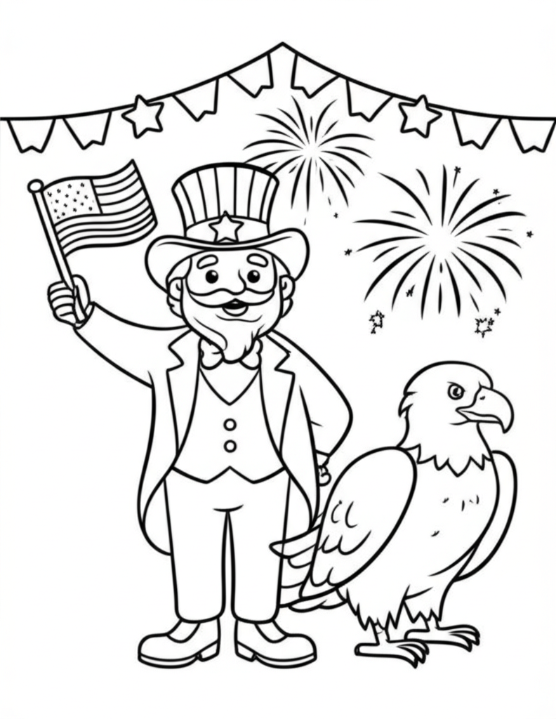 Black and white coloring page of Uncle Sam and a bald eagle celebrating 4th of July with fireworks and bunting