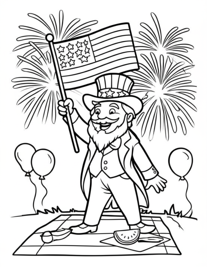 Black and white coloring page of Uncle Sam waving a flag with fireworks, balloons, and picnic items for Fourth of July