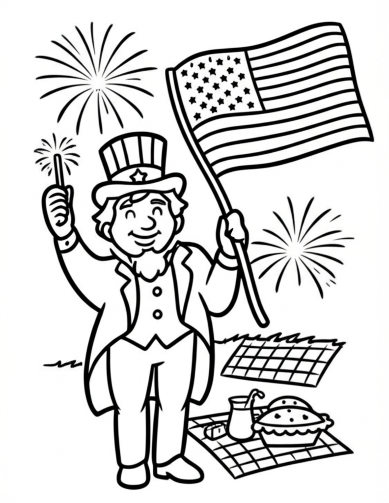 Cheerful Uncle Sam holding a sparkler next to an American flag with fireworks and picnic - black and white line art for kids