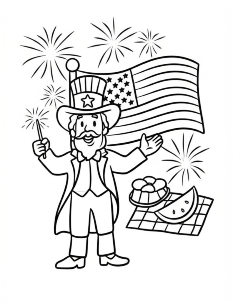 Cheerful Uncle Sam holding a sparkler next to an American flag with fireworks for kids to color