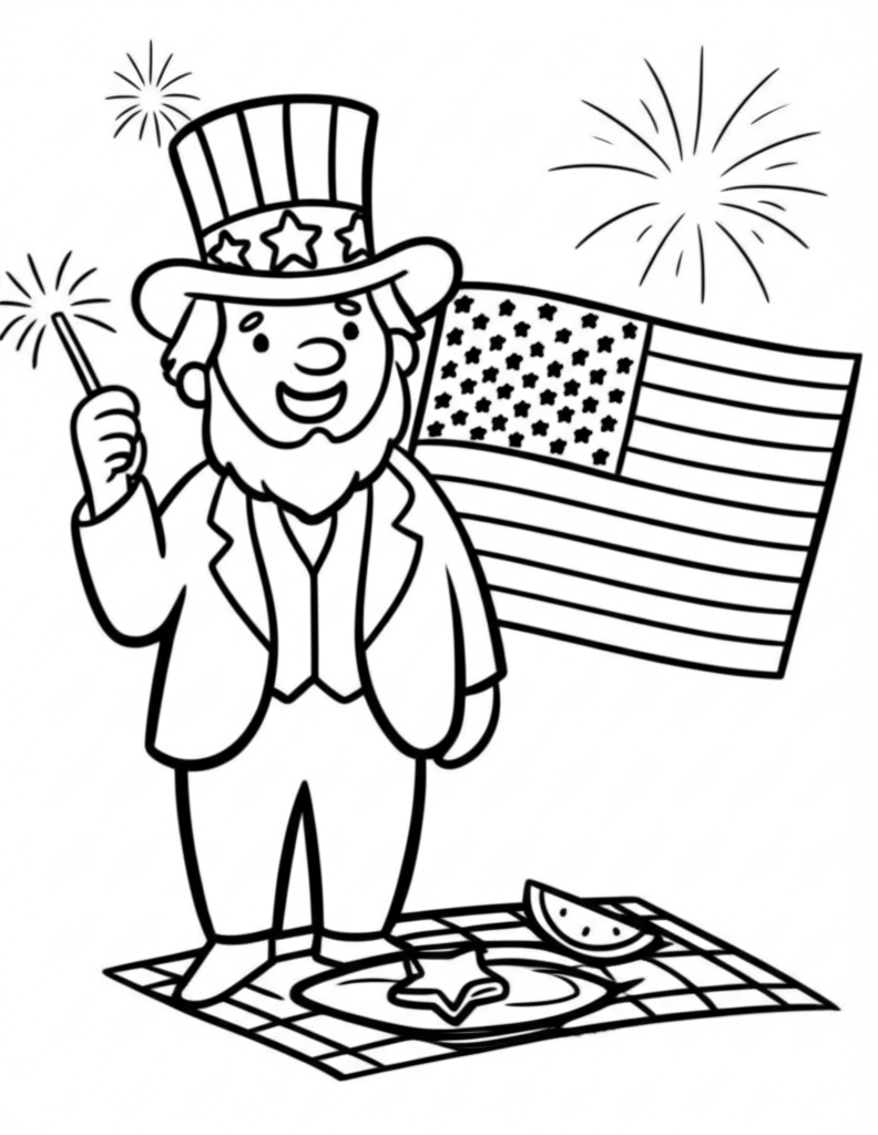 Coloring page of Uncle Sam holding a sparkler next to an American flag with simple fireworks and picnic items