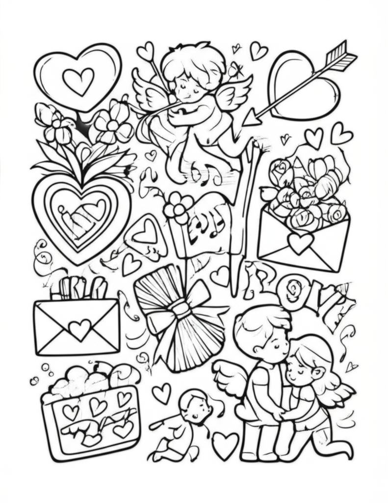 Black-and-white Valentine's Day coloring page featuring hearts, flowers, Cupid, and love letters