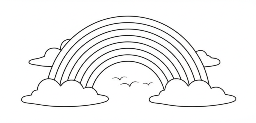Black-and-white outline of a vibrant rainbow with fluffy clouds and a sun, perfect for coloring