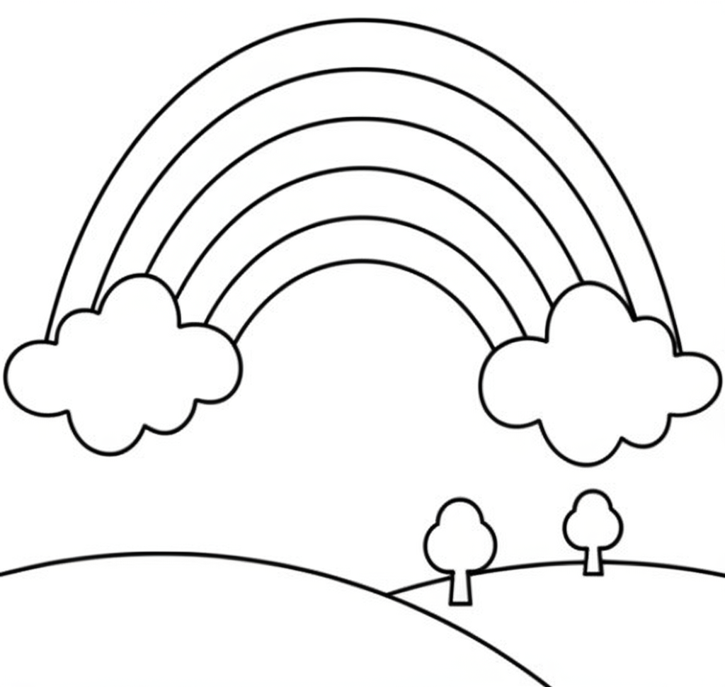 A simple black and white cartoon illustration of a large rainbow with fluffy clouds, rolling hills, and small trees for children to color