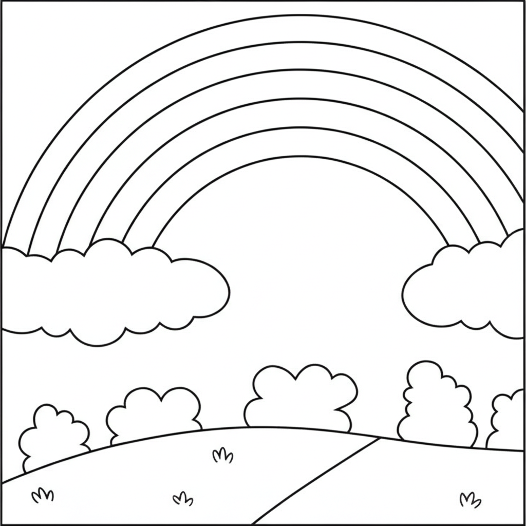 Black and white coloring page of a vibrant rainbow with fluffy clouds over rolling hills and trees