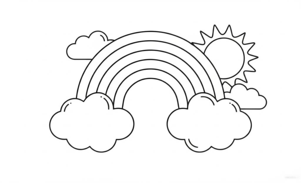 Black and white outline drawing of a vibrant rainbow with fluffy clouds, a smiling sun, and a scenic landscape for kids to color