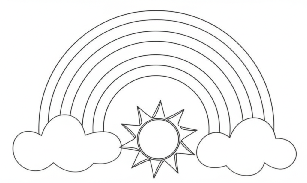 A simple and appealing coloring page featuring a vibrant rainbow with clear outlines, surrounded by fluffy clouds, bright sunshine, and a grassy landscape