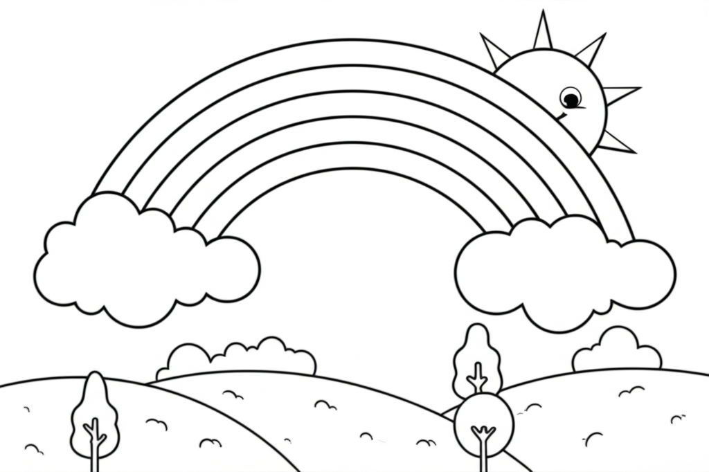 Black and white cartoon coloring page featuring a large rainbow, fluffy clouds, a cheerful sun, and rolling hills