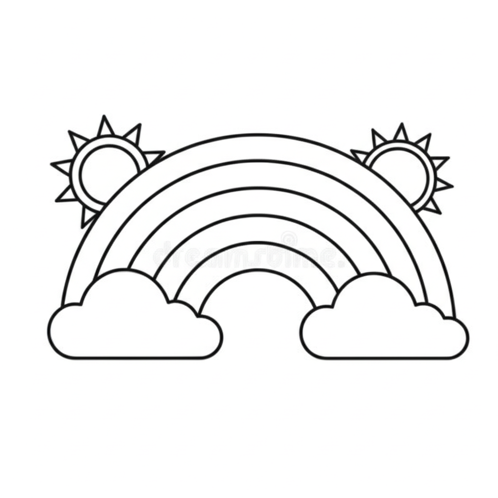A child-friendly coloring page featuring a bold rainbow, fluffy clouds, and a shining sun