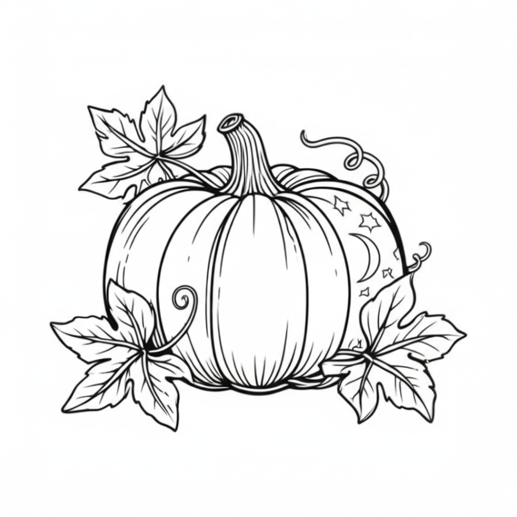 Black and white whimsical pumpkin outline with vines, leaves, and Halloween elements for coloring