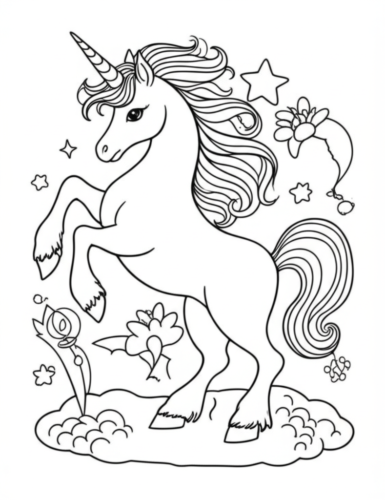 A detailed black and white outline of a whimsical unicorn surrounded by stars, flowers, and clouds for coloring