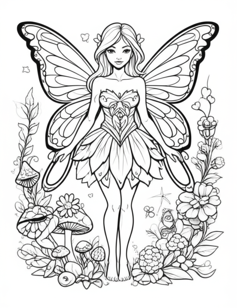 Black-and-white line art of a beautiful fairy with intricate wings and floral motifs, surrounded by mushrooms, flowers, and tiny magical creatures
