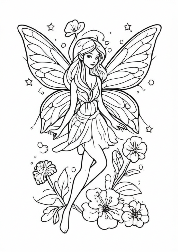 Black-and-white fairy illustration with intricate details, delicate wings, and magical surroundings for coloring