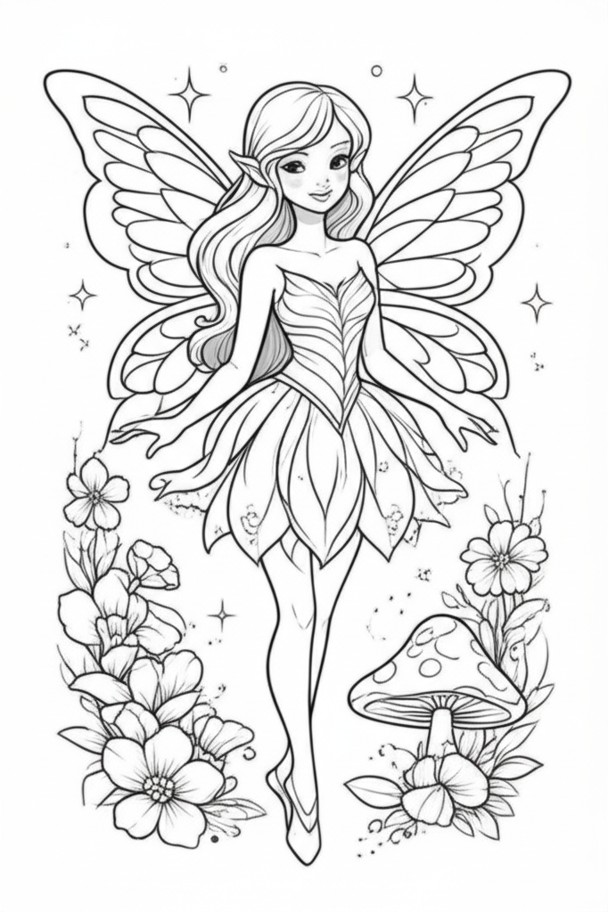 Black-and-white line art coloring page of a whimsical fairy with delicate wings, flowing hair, and enchanted flowers, mushrooms, and stars