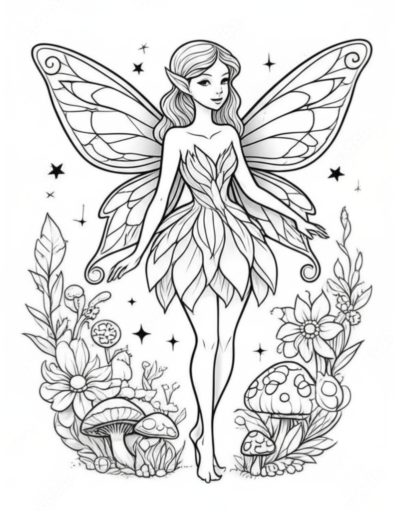A detailed coloring page featuring a whimsical fairy with delicate wings, surrounded by enchanted forest elements like flowers, mushrooms, and twinkling stars