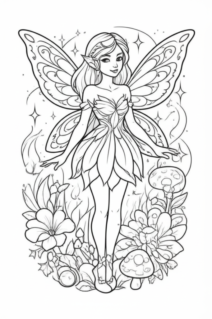 Black-and-white line art of a fairy with intricate wings, flowing hair, and whimsical outfit, surrounded by flowers, stars, and mushrooms for coloring