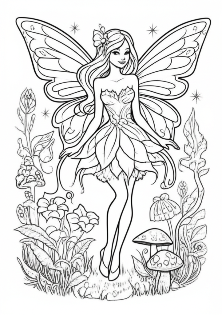 Black-and-white fairy coloring page with intricate wings, flowing hair, and enchanted forest elements like flowers and mushrooms