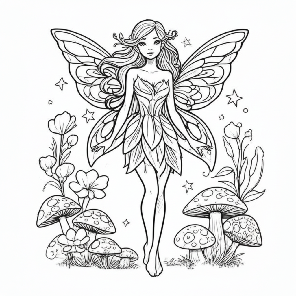 A delicate fairy with flowing hair and sparkling wings, surrounded by mushrooms, flowers, and twinkling stars in an enchanted forest
