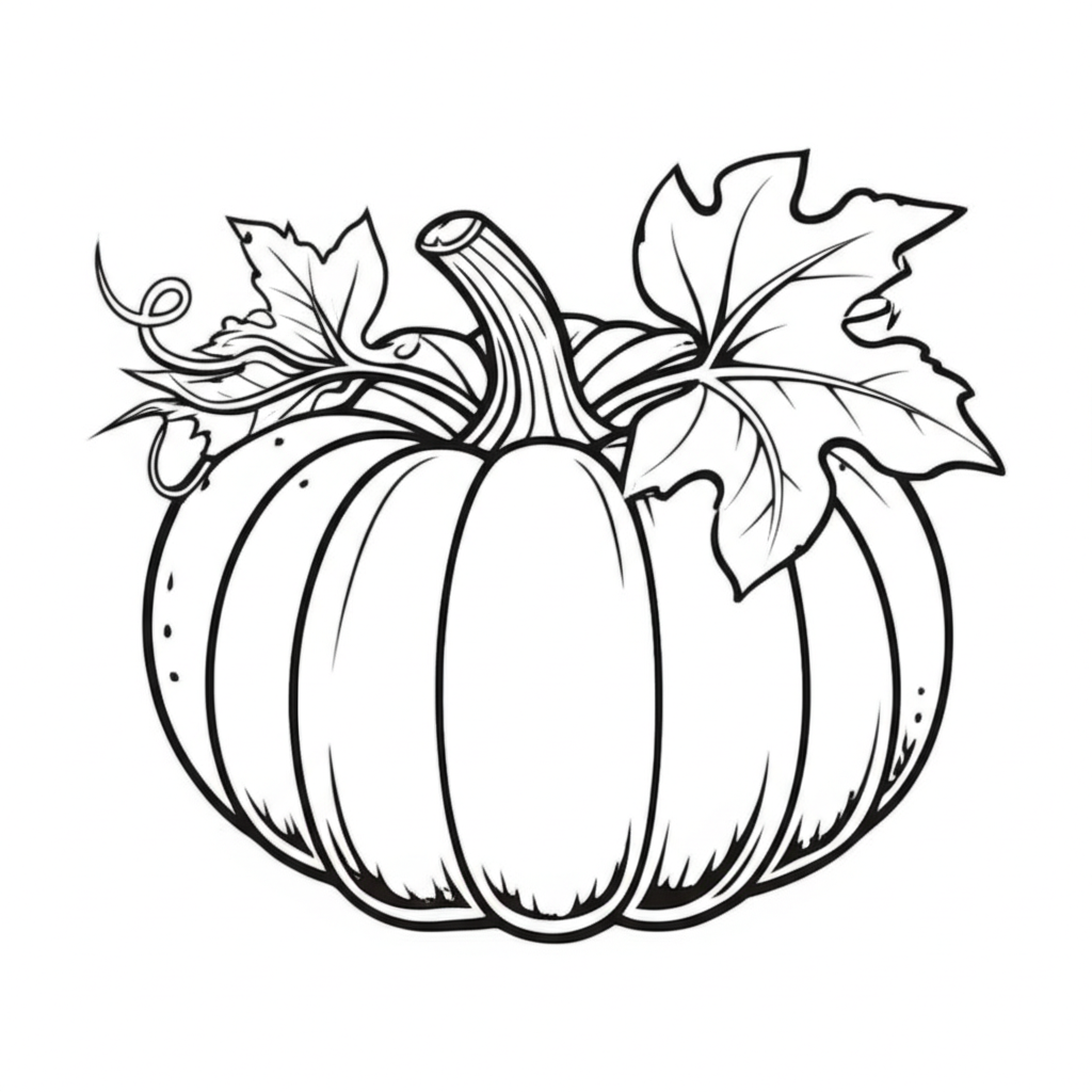 Black-and-white whimsical pumpkin with vines and leaves for coloring