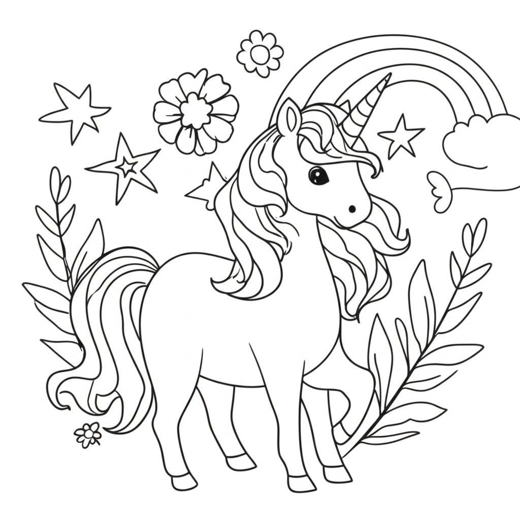 Black-and-white line art of a whimsical unicorn surrounded by stars, flowers, and a rainbow for coloring