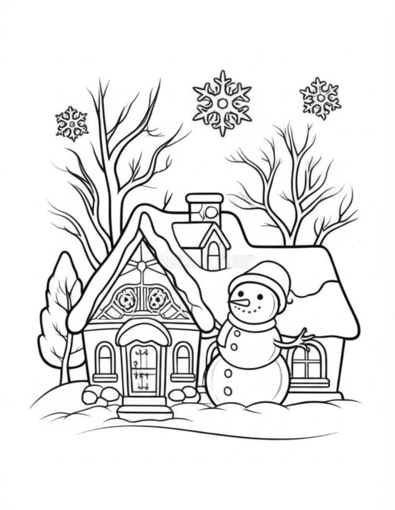 Black-and-white winter scene with snowflakes, a snowman, bare trees, and a cozy house with a snowy roof for coloring