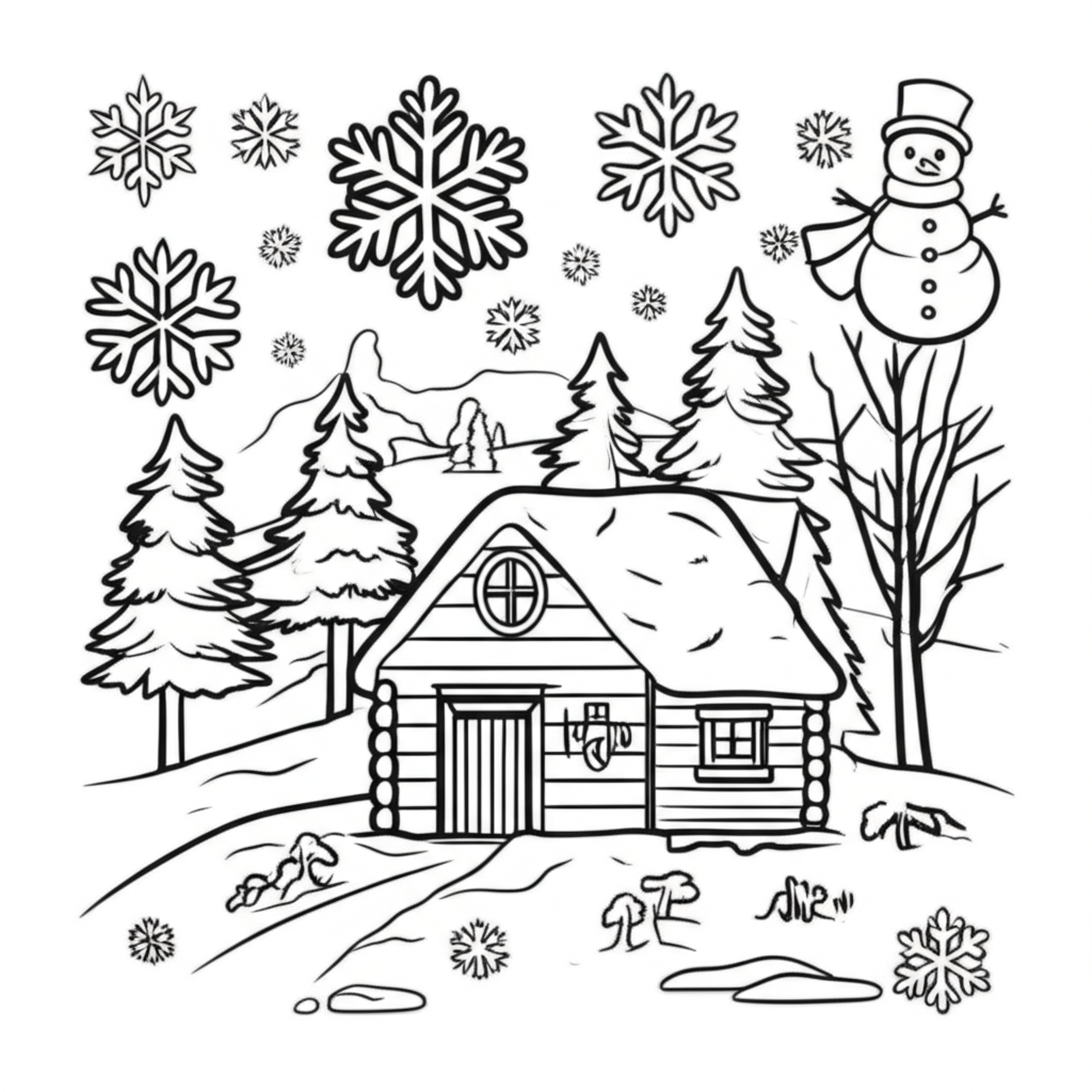 Black-and-white winter coloring page featuring snowflakes, trees, a snowman, and a cozy cabin