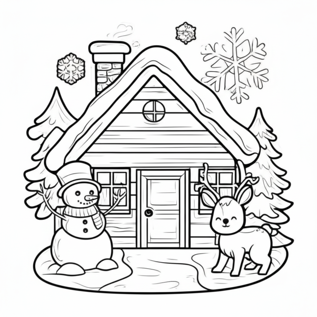 Black-and-white winter coloring sheet featuring snowflakes, a cozy cabin, snowy pine trees, a cheerful snowman, and a happy rabbit for kids to color