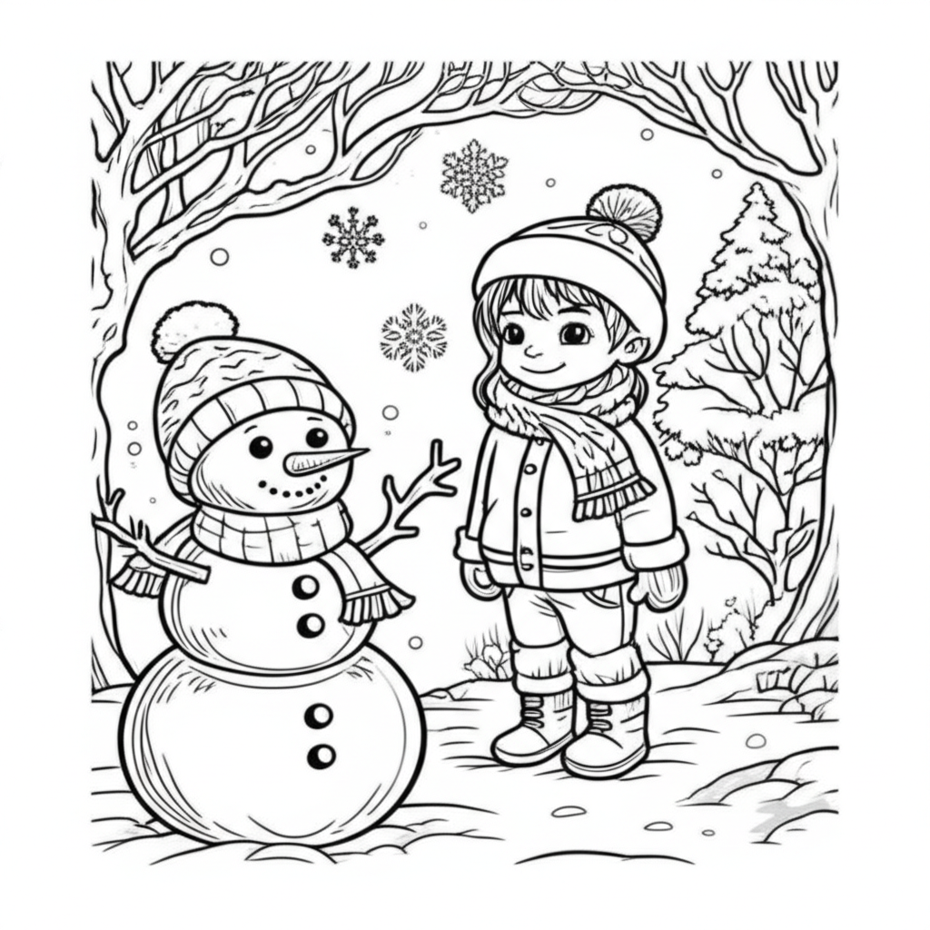 Black and white line art of a winter scene featuring a snowman, snowflakes, bare trees, and a child in winter clothes