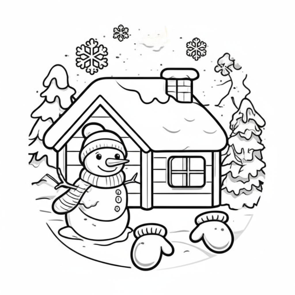 Black-and-white line art of a winter scene featuring snowflakes, a cozy cabin, snowman, and mittens for coloring