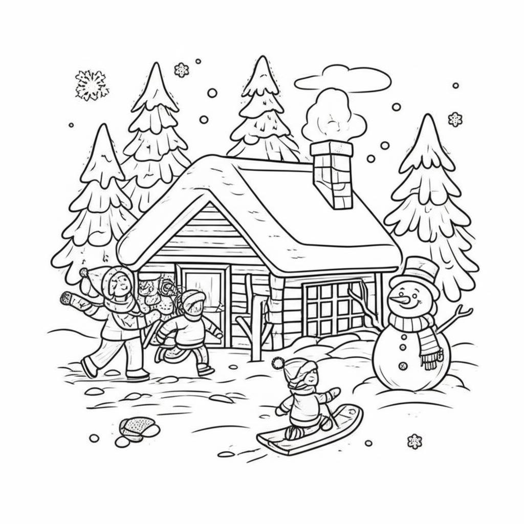 Black-and-white winter coloring page featuring snowflakes, a cozy cabin, snow-covered pine trees, a cheerful snowman, and children playing in the snow